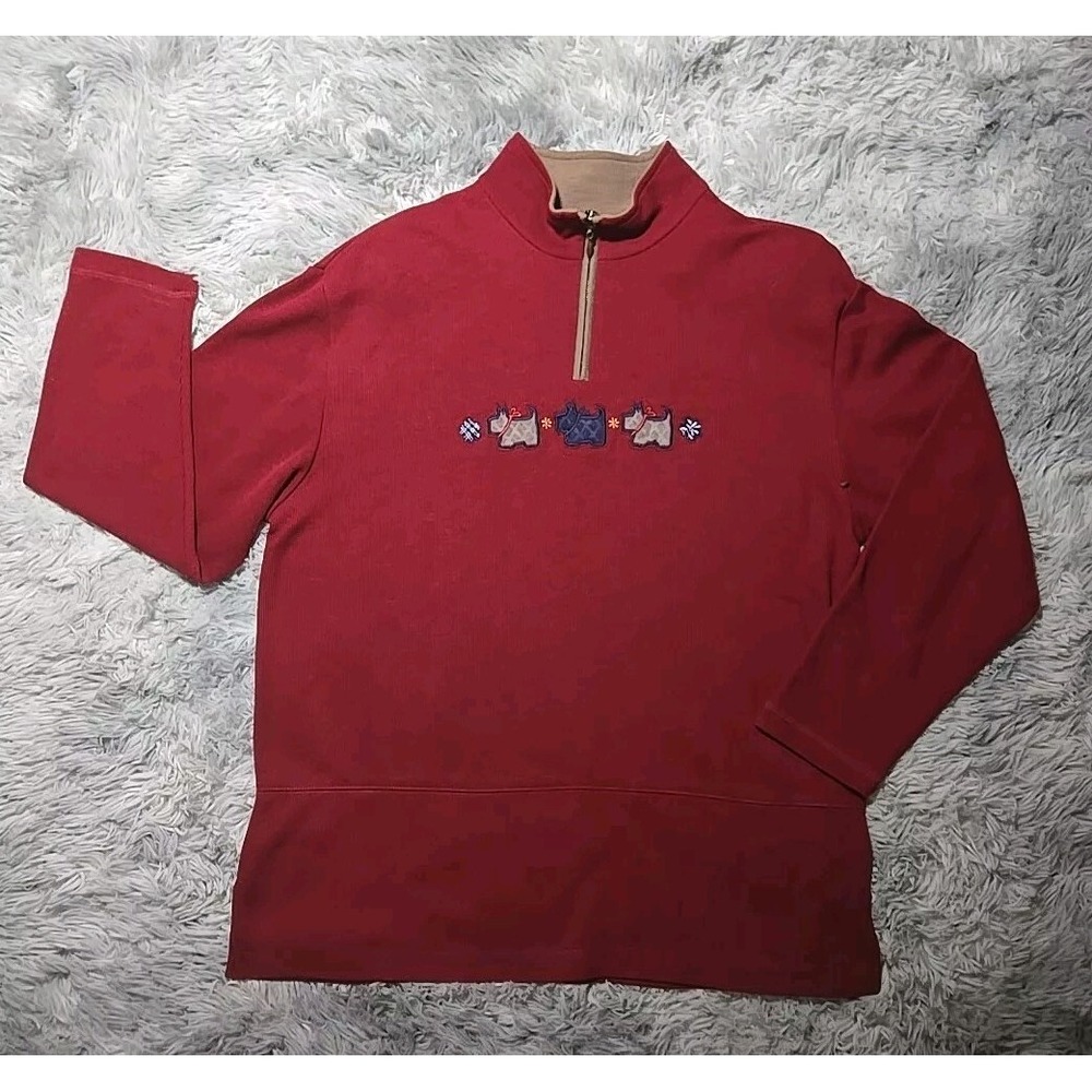 VTG Tag Women's Quarter Zip Top Size L Scottie Dogs Embroidery Red